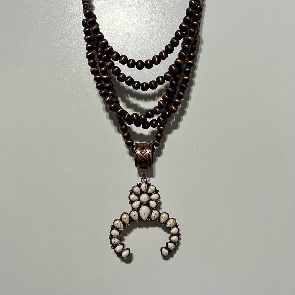 Beaded Statement Necklace, White/Brown